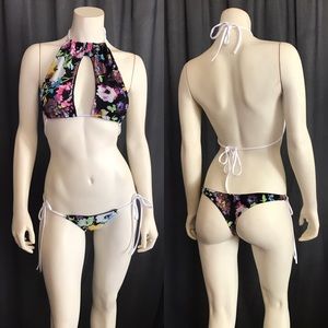 Black floral halter top thong bikini